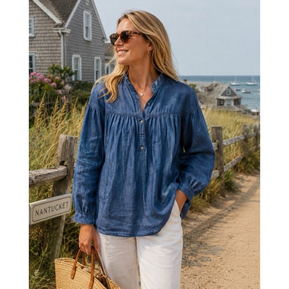 Rebecca Taylor La Vie‎ Top Small Long Puff Sleeve Button up Tissue Denim Coastal